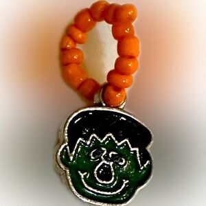 VTG FRANKENSTEIN BEADED RING CHARM HALLOWEEN JEWELRY HANG ON NECKLACE CORD .5”